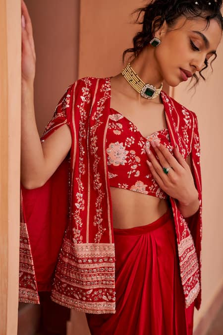 Shop_Chhavvi Aggarwal_Red Crepe, Satin Cut Work, Sequins V-neck Embroidered Cape Draped Skirt Set _Online_at_Aza_Fashions