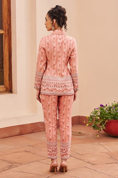 Shop Chhavvi Aggarwal Pink Crepe Embroidery Collared Flower Print Jacket And Pant Set at Aza Fashions Shop_Chhavvi Aggarwal_Pink Crepe Embroidery Collared Flower Print Jacket And Pant Set _at_Aza_Fashions