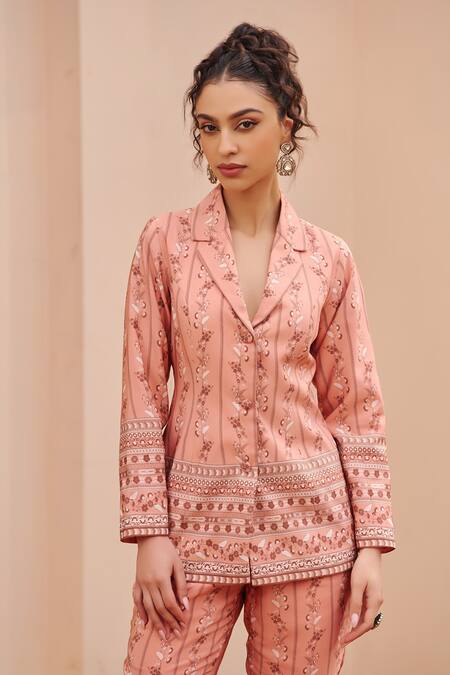 Buy Chhavvi Aggarwal Pink Crepe Embroidery Collared Flower Print Jacket And Pant Set Online at Aza Fashions Buy_Chhavvi Aggarwal_Pink Crepe Embroidery Collared Flower Print Jacket And Pant Set _Online_at_Aza_Fashions