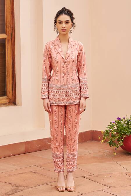 Shop Chhavvi Aggarwal Pink Crepe Embroidery Collared Flower Print Jacket And Pant Set Online at Aza Fashions Shop_Chhavvi Aggarwal_Pink Crepe Embroidery Collared Flower Print Jacket And Pant Set _Online_at_Aza_Fashions