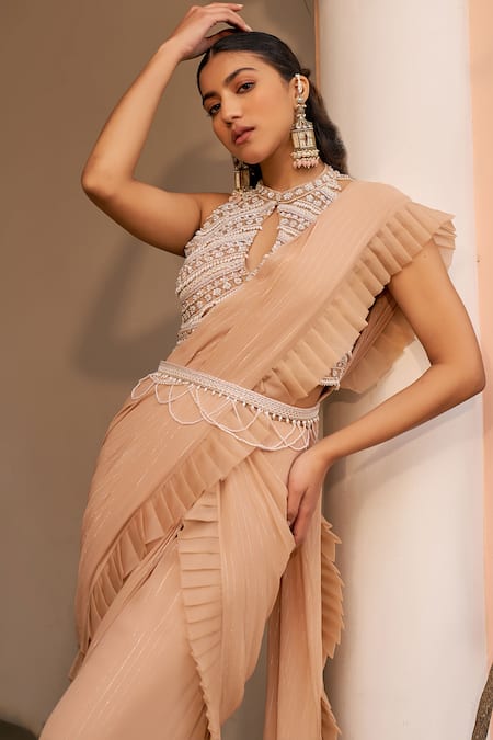 Shop Chhavvi Aggarwal Beige Net, Lurex, Georgette Cut Pleated Pre-draped Saree With Embroidered Blouse Online at Aza Fashions Shop_Chhavvi Aggarwal_Beige Net, Lurex, Georgette Cut Pleated Pre-draped Saree With Embroidered Blouse _Online_at_Aza_Fashions