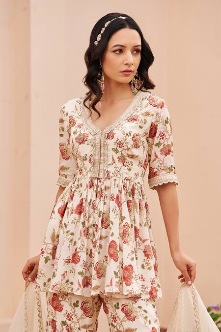 Buy Chhavvi Aggarwal Ivory Crepe, Lurex, Georgette Beads, Sequins, Printed Peplum Kurta Sharara Set Online at Aza Fashions Buy_Chhavvi Aggarwal_Ivory Crepe, Lurex, Georgette Beads, Sequins, Printed Peplum Kurta Sharara Set _Online_at_Aza_Fashions