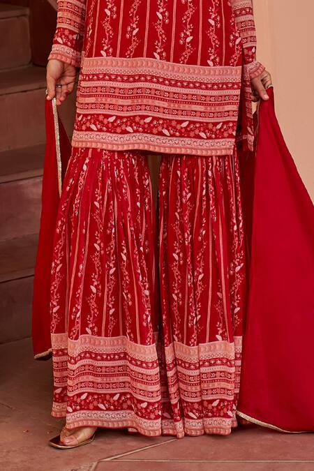Chhavvi Aggarwal Red Georgette Embroidery, Sequins, Cut Floral Stripe Print Kurta Sharara Set Online at Aza Fashions Chhavvi Aggarwal_Red Georgette Embroidery, Sequins, Cut Floral Stripe Print Kurta Sharara Set _Online_at_Aza_Fashions