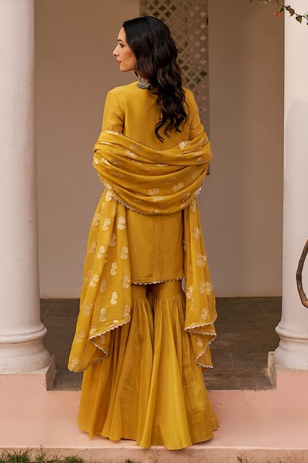 Shop Chhavvi Aggarwal Yellow Tissue, Georgette Mirrors, Sequins, Cut Work, Kurta Sharara Set at Aza Fashions Shop_Chhavvi Aggarwal_Yellow Tissue, Georgette Mirrors, Sequins, Cut Work, Kurta Sharara Set _at_Aza_Fashions