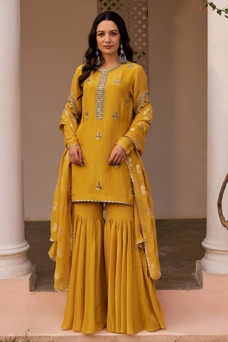 Chhavvi Aggarwal Yellow Tissue, Georgette Mirrors, Sequins, Cut Work, Kurta Sharara Set at Aza Fashions Chhavvi Aggarwal_Yellow Tissue, Georgette Mirrors, Sequins, Cut Work, Kurta Sharara Set _at_Aza_Fashions