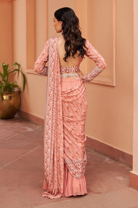 Chhavvi Aggarwal Floral Stripe Print Pre-Draped Saree With Blouse 