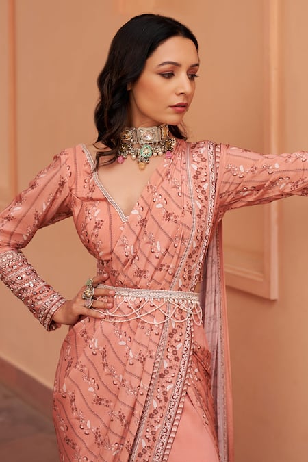 Chhavvi Aggarwal Pink Crepe, Georgette Sequins, Floral Stripe Print Pre-draped Saree With Blouse Online at Aza Fashions Chhavvi Aggarwal_Pink Crepe, Georgette Sequins, Floral Stripe Print Pre-draped Saree With Blouse _Online_at_Aza_Fashions