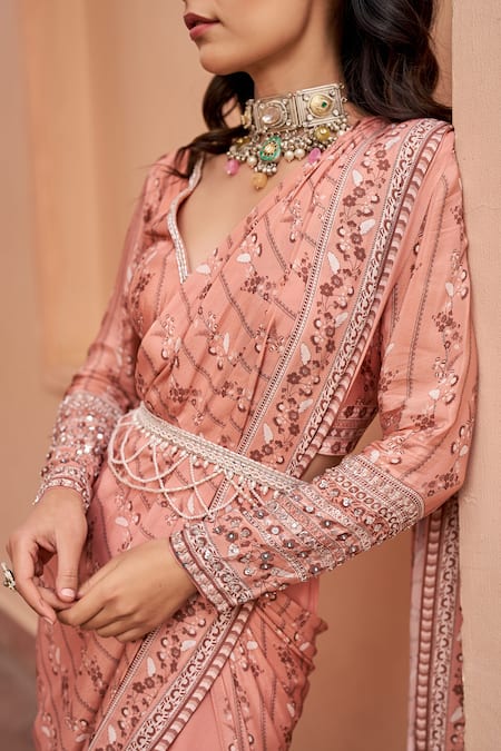 Buy Chhavvi Aggarwal Pink Crepe, Georgette Sequins, Floral Stripe Print Pre-draped Saree With Blouse Online at Aza Fashions Buy_Chhavvi Aggarwal_Pink Crepe, Georgette Sequins, Floral Stripe Print Pre-draped Saree With Blouse _Online_at_Aza_Fashions