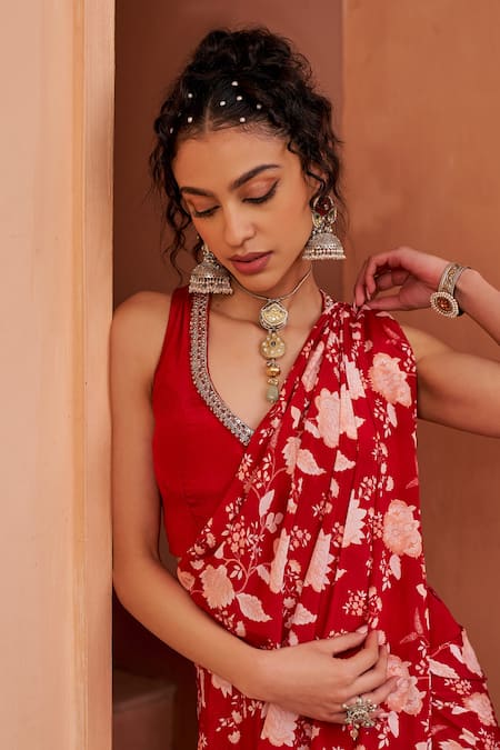 Chhavvi Aggarwal Red Crepe Cut Work, Sequins, Beads Placement Printed Pant Saree With Blouse Online at Aza Fashions Chhavvi Aggarwal_Red Crepe Cut Work, Sequins, Beads Placement Printed Pant Saree With Blouse _Online_at_Aza_Fashions