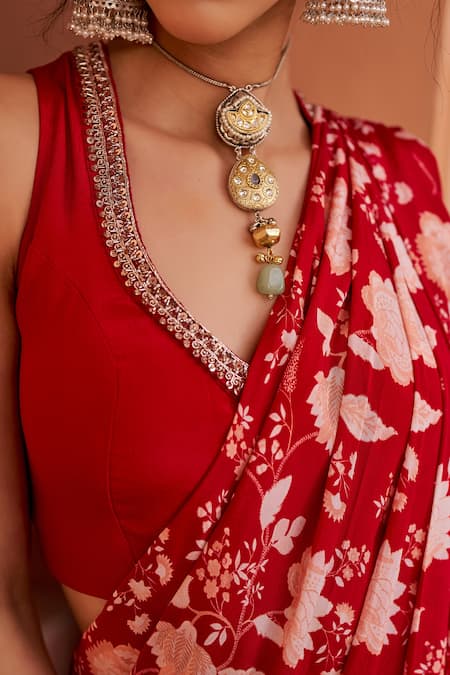 Buy Chhavvi Aggarwal Red Crepe Cut Work, Sequins, Beads Placement Printed Pant Saree With Blouse Online at Aza Fashions Buy_Chhavvi Aggarwal_Red Crepe Cut Work, Sequins, Beads Placement Printed Pant Saree With Blouse _Online_at_Aza_Fashions