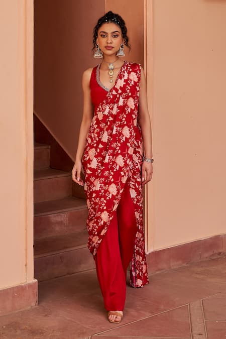 Shop Chhavvi Aggarwal Red Crepe Cut Work, Sequins, Beads Placement Printed Pant Saree With Blouse Online at Aza Fashions Shop_Chhavvi Aggarwal_Red Crepe Cut Work, Sequins, Beads Placement Printed Pant Saree With Blouse _Online_at_Aza_Fashions
