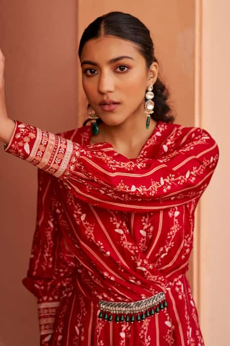 Buy Chhavvi Aggarwal Red Crepe Beads, Crystals, Embroidery V-neck Flower Stripe Print Jumpsuit Online at Aza Fashions Buy_Chhavvi Aggarwal_Red Crepe Beads, Crystals, Embroidery V-neck Flower Stripe Print Jumpsuit _Online_at_Aza_Fashions