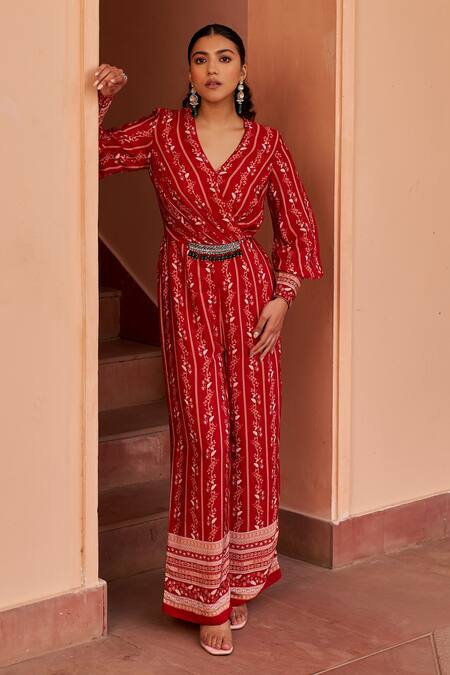 Shop Chhavvi Aggarwal Red Crepe Beads, Crystals, Embroidery V-neck Flower Stripe Print Jumpsuit Online at Aza Fashions Shop_Chhavvi Aggarwal_Red Crepe Beads, Crystals, Embroidery V-neck Flower Stripe Print Jumpsuit _Online_at_Aza_Fashions