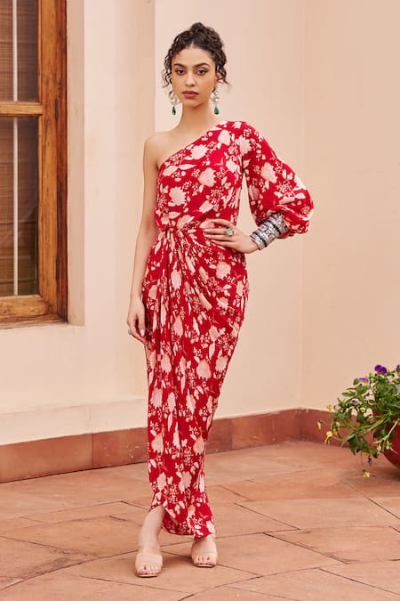 Chhavvi Aggarwal Red Crepe Printed Botanical Asymmetric One Shoulder Draped Dress 