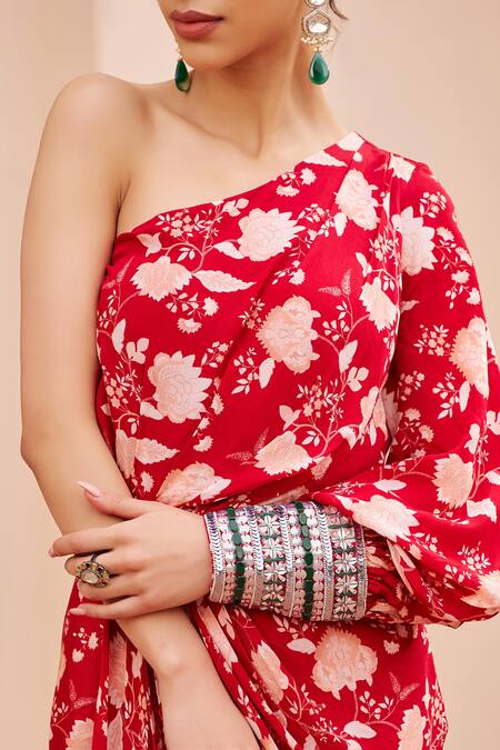 Chhavvi Aggarwal Red Crepe Embroidery, Beads, Sequins One Shoulder Printed Draped Dress Online at Aza Fashions Chhavvi Aggarwal_Red Crepe Embroidery, Beads, Sequins One Shoulder Printed Draped Dress _Online_at_Aza_Fashions