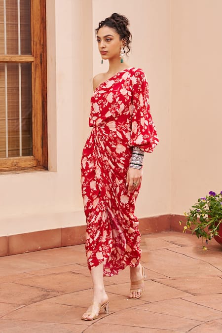 Buy Chhavvi Aggarwal Red Crepe Embroidery, Beads, Sequins One Shoulder Printed Draped Dress Online at Aza Fashions Buy_Chhavvi Aggarwal_Red Crepe Embroidery, Beads, Sequins One Shoulder Printed Draped Dress _Online_at_Aza_Fashions