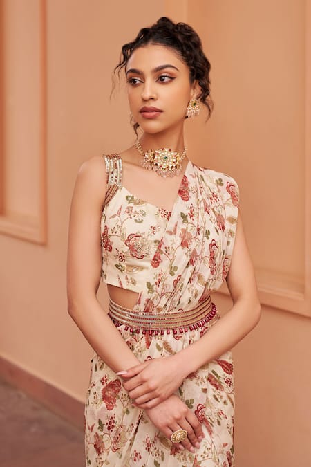 Buy_Chhavvi Aggarwal_Ivory Georgette Cut Work, Sequins, Florette Print Pre-draped Saree With Blouse _Online_at_Aza_Fashions