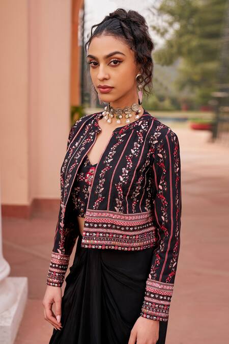 Chhavvi Aggarwal Black Crepe Cut Work, Beads, Sequins V-neck, Printed Jacket Draped Skirt Set Online at Aza Fashions Chhavvi Aggarwal_Black Crepe Cut Work, Beads, Sequins V-neck, Printed Jacket Draped Skirt Set _Online_at_Aza_Fashions