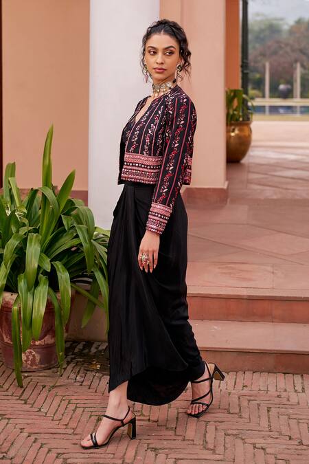 Shop Chhavvi Aggarwal Black Crepe Cut Work, Beads, Sequins V-neck, Printed Jacket Draped Skirt Set Online at Aza Fashions Shop_Chhavvi Aggarwal_Black Crepe Cut Work, Beads, Sequins V-neck, Printed Jacket Draped Skirt Set _Online_at_Aza_Fashions