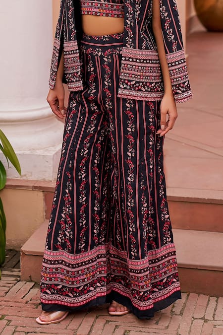 Chhavvi Aggarwal Black Crepe Sequins, Beads V-neck Floral Print Cape Palazzo Set Online at Aza Fashions Chhavvi Aggarwal_Black Crepe Sequins, Beads V-neck Floral Print Cape Palazzo Set _Online_at_Aza_Fashions