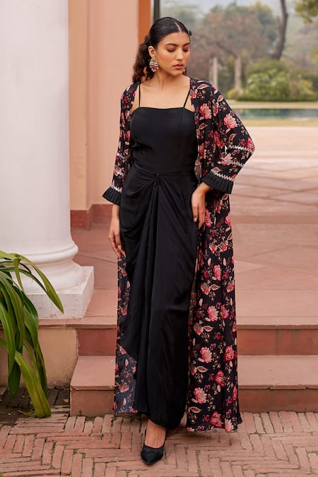 Chhavvi Aggarwal Black Crepe Printed Floral Jacket Open Long With Draped Dress 