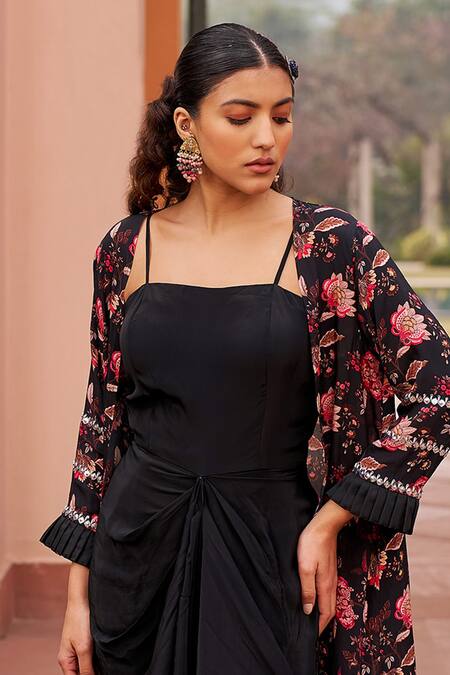 Chhavvi Aggarwal Black Crepe Embroidery, Sequins Floral Print Long Jacket With Draped Dress Online at Aza Fashions Chhavvi Aggarwal_Black Crepe Embroidery, Sequins Floral Print Long Jacket With Draped Dress _Online_at_Aza_Fashions