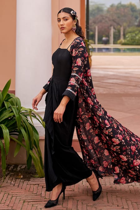 Buy Chhavvi Aggarwal Black Crepe Embroidery, Sequins Floral Print Long Jacket With Draped Dress Online at Aza Fashions Buy_Chhavvi Aggarwal_Black Crepe Embroidery, Sequins Floral Print Long Jacket With Draped Dress _Online_at_Aza_Fashions