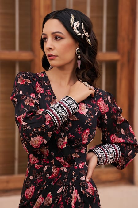 Chhavvi Aggarwal Black Crepe Sequins V-neck Floral Print Draped Dress Online at Aza Fashions Chhavvi Aggarwal_Black Crepe Sequins V-neck Floral Print Draped Dress _Online_at_Aza_Fashions