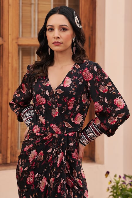 Buy Chhavvi Aggarwal Black Crepe Sequins V-neck Floral Print Draped Dress Online at Aza Fashions Buy_Chhavvi Aggarwal_Black Crepe Sequins V-neck Floral Print Draped Dress _Online_at_Aza_Fashions