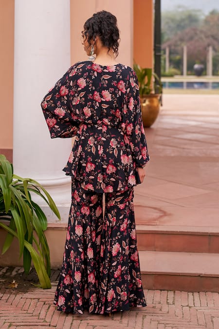 Shop Chhavvi Aggarwal Black Crepe Sequins, Embroidery V-neck Floral Print Kimono Kurta With Sharara at Aza Fashions Shop_Chhavvi Aggarwal_Black Crepe Sequins, Embroidery V-neck Floral Print Kimono Kurta With Sharara _at_Aza_Fashions