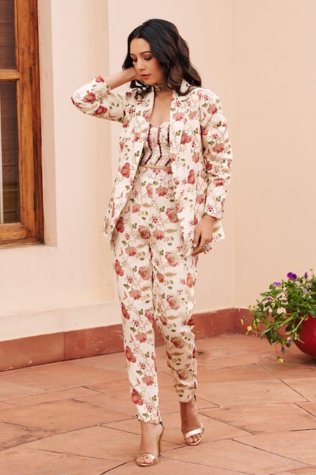 Chhavvi Aggarwal Ivory Crepe Embroidery, Beads Collared, Floral Blossom Print Jacket Pant Set Online at Aza Fashions Chhavvi Aggarwal_Ivory Crepe Embroidery, Beads Collared, Floral Blossom Print Jacket Pant Set _Online_at_Aza_Fashions