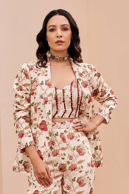 Buy Chhavvi Aggarwal Ivory Crepe Embroidery, Beads Collared, Floral Blossom Print Jacket Pant Set Online at Aza Fashions Buy_Chhavvi Aggarwal_Ivory Crepe Embroidery, Beads Collared, Floral Blossom Print Jacket Pant Set _Online_at_Aza_Fashions