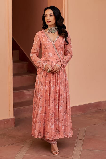 Chhavvi Aggarwal Peach Georgette Printed Floral V-neck Anarkali With Flared Pant 