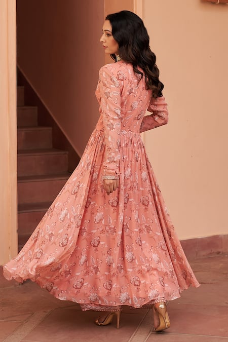 Shop Chhavvi Aggarwal Peach Georgette Sequins, Embroidery Floral Print Anarkali With Flared Pant at Aza Fashions Shop_Chhavvi Aggarwal_Peach Georgette Sequins, Embroidery Floral Print Anarkali With Flared Pant _at_Aza_Fashions