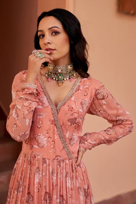 Chhavvi Aggarwal Peach Georgette Sequins, Embroidery Floral Print Anarkali With Flared Pant Online at Aza Fashions Chhavvi Aggarwal_Peach Georgette Sequins, Embroidery Floral Print Anarkali With Flared Pant _Online_at_Aza_Fashions