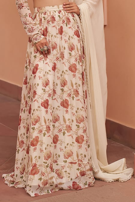 Chhavvi Aggarwal_Ivory Georgette Sequins, Embroidery, Lace Floral Blossom Print Lehenga Set _Online_at_Aza_Fashions