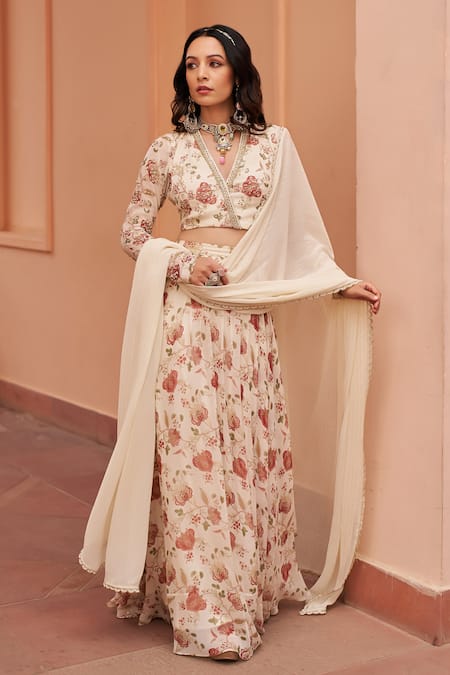 Buy_Chhavvi Aggarwal_Ivory Georgette Sequins, Embroidery, Lace Floral Blossom Print Lehenga Set _Online_at_Aza_Fashions