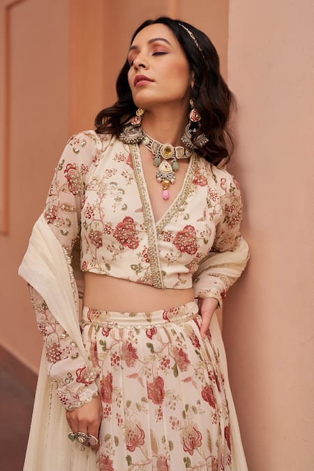 Shop_Chhavvi Aggarwal_Ivory Georgette Sequins, Embroidery, Lace Floral Blossom Print Lehenga Set _Online_at_Aza_Fashions