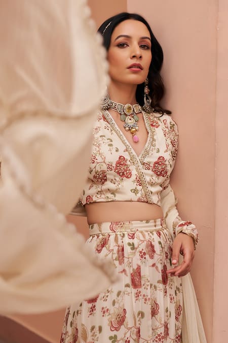 Chhavvi Aggarwal_Ivory Georgette Sequins, Embroidery, Lace Floral Blossom Print Lehenga Set _at_Aza_Fashions