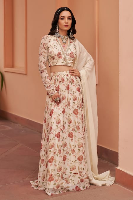 Buy_Chhavvi Aggarwal_Ivory Georgette Sequins, Embroidery, Lace Floral Blossom Print Lehenga Set 