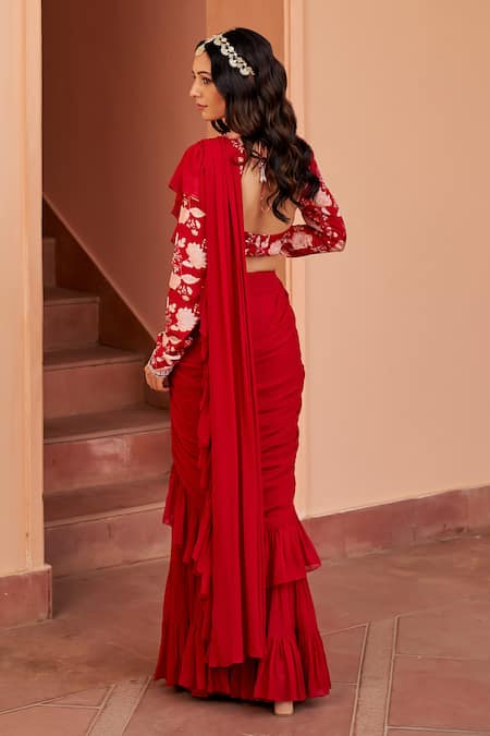 Shop Chhavvi Aggarwal Red Crepe, Georgette Sequins, Solid Ruffle Pre-draped Saree With Printed Blouse at Aza Fashions Shop_Chhavvi Aggarwal_Red Crepe, Georgette Sequins, Solid Ruffle Pre-draped Saree With Printed Blouse _at_Aza_Fashions