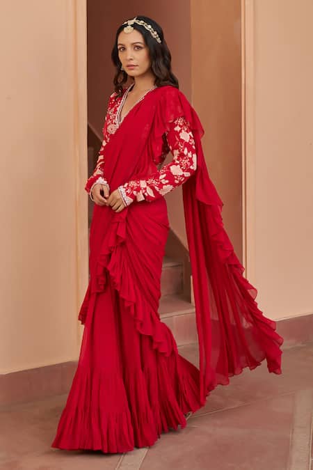 Chhavvi Aggarwal Red Crepe, Georgette Sequins, Solid Ruffle Pre-draped Saree With Printed Blouse Online at Aza Fashions Chhavvi Aggarwal_Red Crepe, Georgette Sequins, Solid Ruffle Pre-draped Saree With Printed Blouse _Online_at_Aza_Fashions