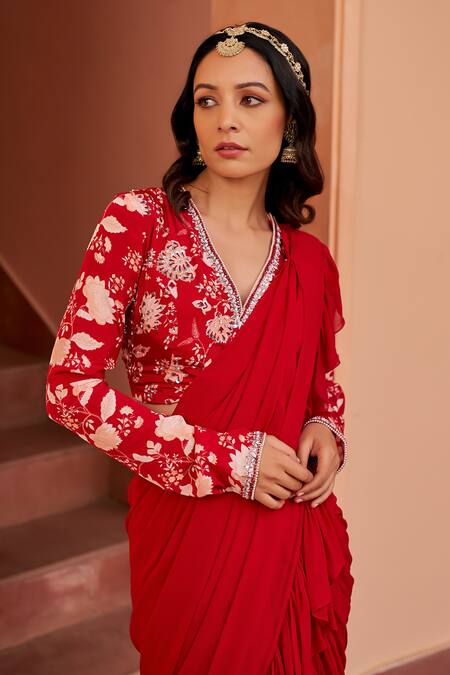 Buy Chhavvi Aggarwal Red Crepe, Georgette Sequins, Solid Ruffle Pre-draped Saree With Printed Blouse Online at Aza Fashions Buy_Chhavvi Aggarwal_Red Crepe, Georgette Sequins, Solid Ruffle Pre-draped Saree With Printed Blouse _Online_at_Aza_Fashions
