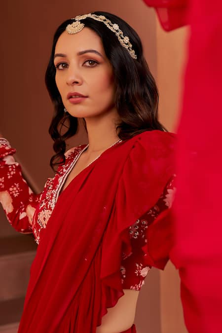 Shop Chhavvi Aggarwal Red Crepe, Georgette Sequins, Solid Ruffle Pre-draped Saree With Printed Blouse Online at Aza Fashions Shop_Chhavvi Aggarwal_Red Crepe, Georgette Sequins, Solid Ruffle Pre-draped Saree With Printed Blouse _Online_at_Aza_Fashions