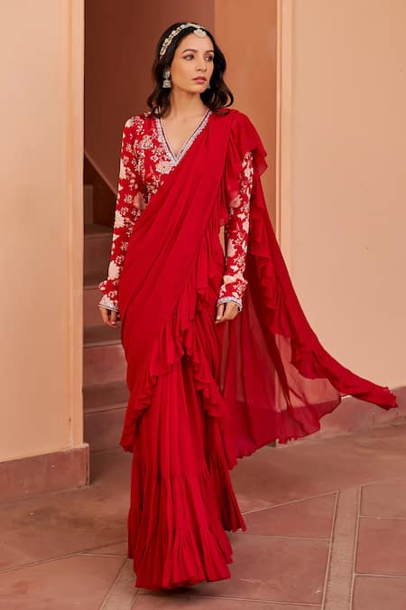 Chhavvi Aggarwal Red Crepe, Georgette Sequins, Solid Ruffle Pre-draped Saree With Printed Blouse at Aza Fashions Chhavvi Aggarwal_Red Crepe, Georgette Sequins, Solid Ruffle Pre-draped Saree With Printed Blouse _at_Aza_Fashions