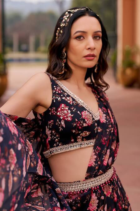 Buy Chhavvi Aggarwal Black Georgette Sequins, Beads V-neck Floral Print Pre-draped Ruffle Saree Set Online at Aza Fashions Buy_Chhavvi Aggarwal_Black Georgette Sequins, Beads V-neck Floral Print Pre-draped Ruffle Saree Set _Online_at_Aza_Fashions