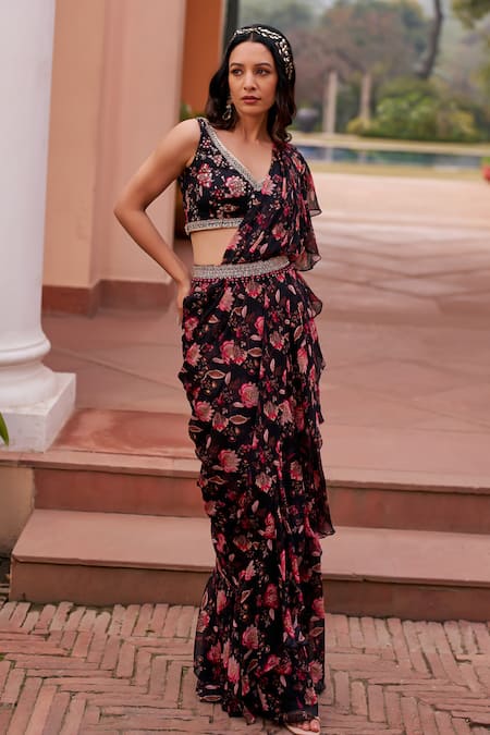 Chhavvi Aggarwal Black Georgette Sequins, Beads V-neck Floral Print Pre-draped Ruffle Saree Set at Aza Fashions Chhavvi Aggarwal_Black Georgette Sequins, Beads V-neck Floral Print Pre-draped Ruffle Saree Set _at_Aza_Fashions