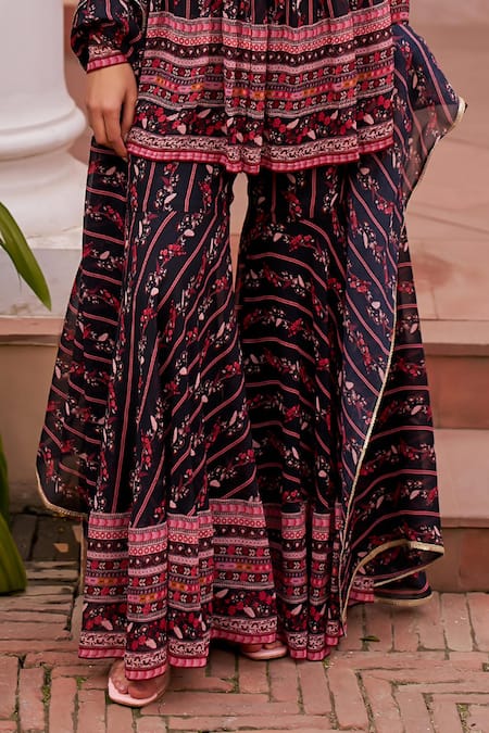 Chhavvi Aggarwal_Black Georgette Sequins, Embroidery Botanic Print Peplum Kurta Sharara Set _Online_at_Aza_Fashions