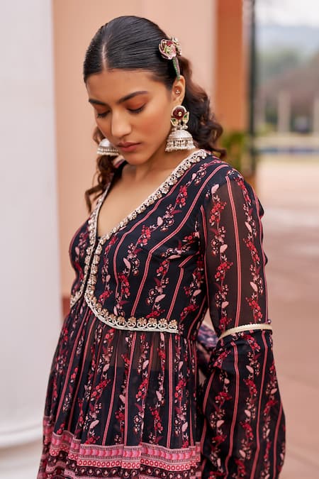 Buy_Chhavvi Aggarwal_Black Georgette Sequins, Embroidery Botanic Print Peplum Kurta Sharara Set _Online_at_Aza_Fashions