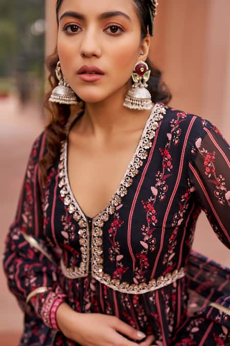 Shop_Chhavvi Aggarwal_Black Georgette Sequins, Embroidery Botanic Print Peplum Kurta Sharara Set _Online_at_Aza_Fashions